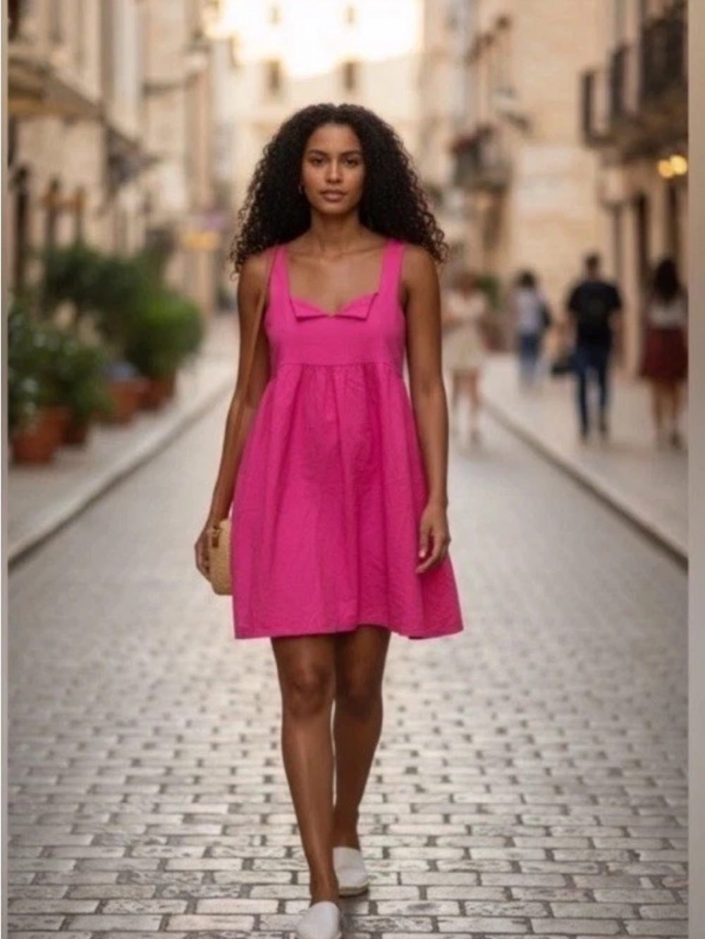 Daily Practice Anthropologie Pink Fuscia Split Neck Mini Dress Large L New NWT